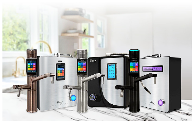 Tyent UCE-13 Plus water ionizers in antique, satin silver, and matte black.